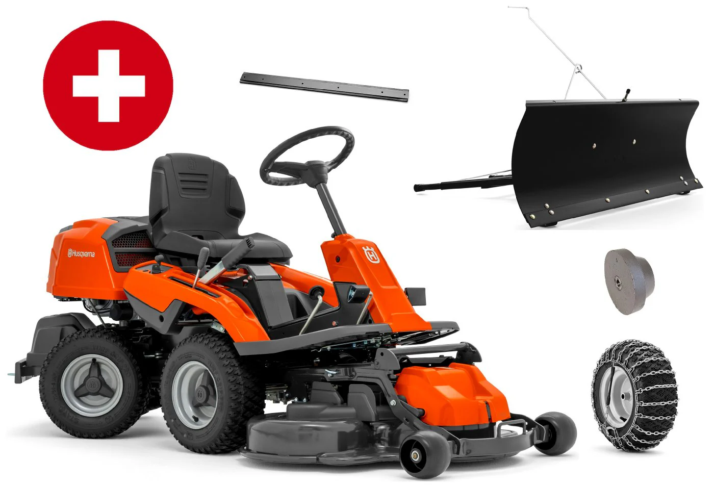 Husqvarna Profi-Frontmäher R 214C Combi 94 Winterpaket mit Schneeschild, Gummileiste, Gewicht und Schneeketten