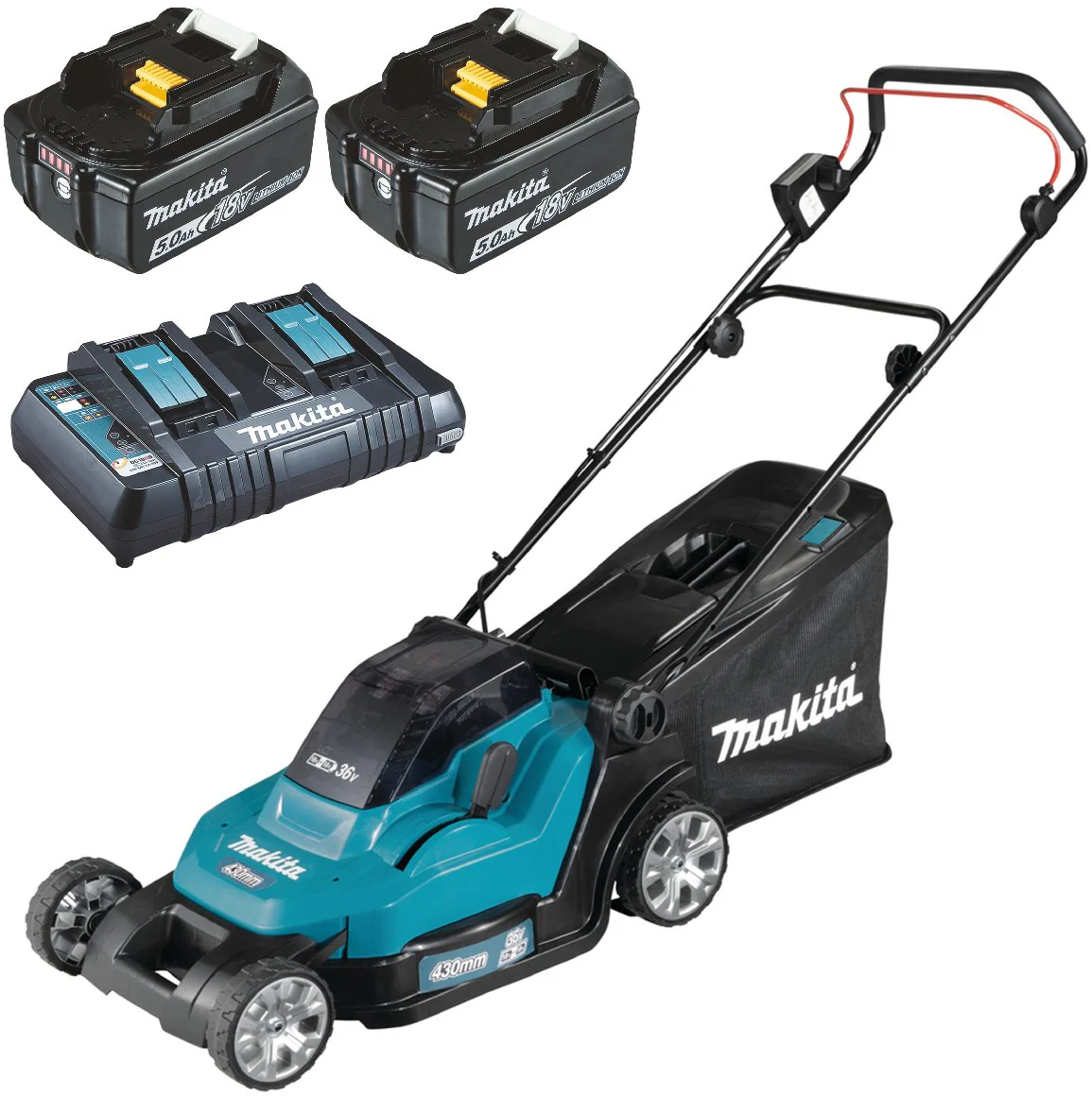 Makita Akku-Rasenmäher DLM432PT2 mit 2 Akkus 5 Ah und Doppelladegerät